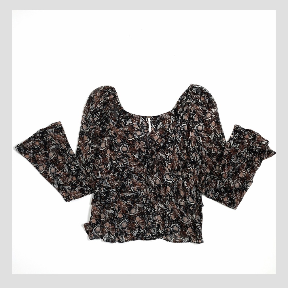 Free People Bell Sleeve Black Peach Print Top Long Sleeve Tie Front Blouse XS